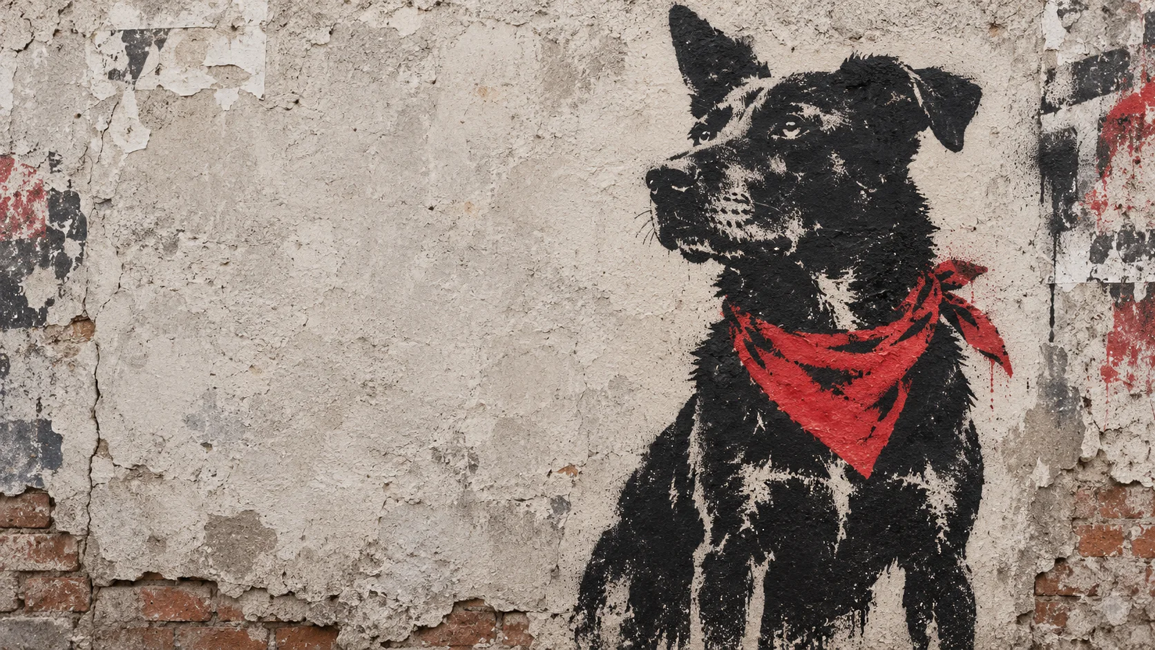 Negro Matapacos con su pañuelo rojo, representado como un esténcil negro sobre un muro de protesta desgastado.